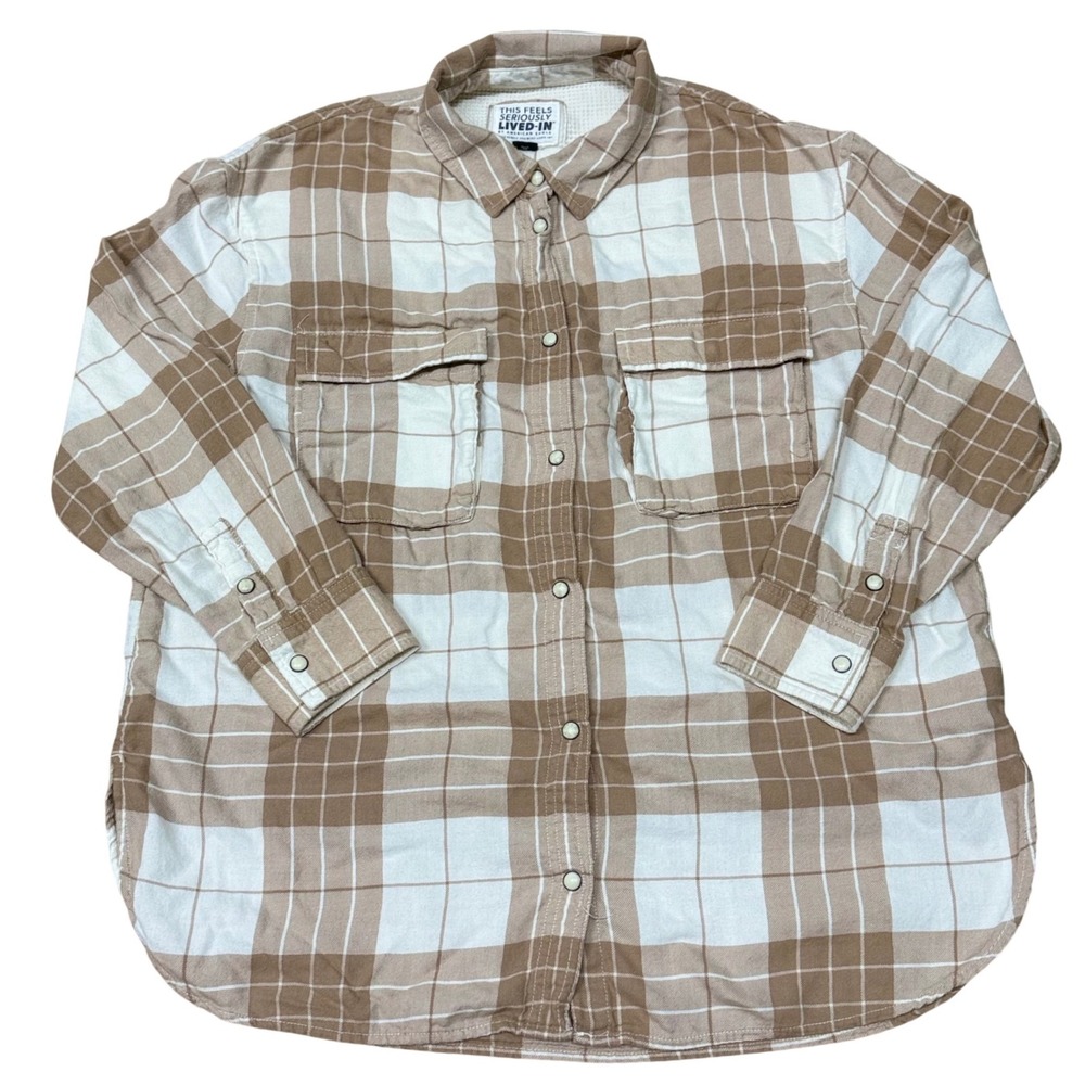 American Eagle Plaid Flannel Button Down Shirt Womens Size S Tan Cozy Cabincore